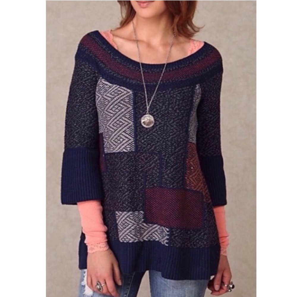 NWT Free People Women’s Pullover Knit Patchwork Boho Tunic Sweater Size Medium